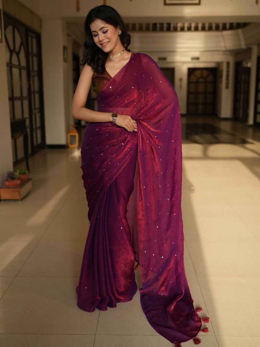 Banarasee Dual Shaded Chiffon Saree With Mirror Work-Maroon