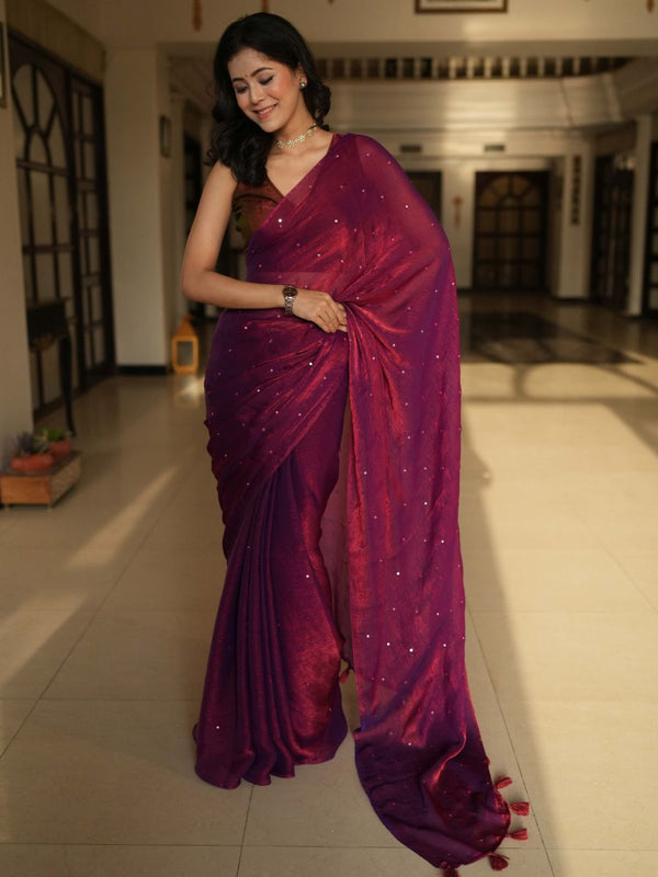 Banarasee Dual Shaded Chiffon Saree With Mirror Work-Maroon