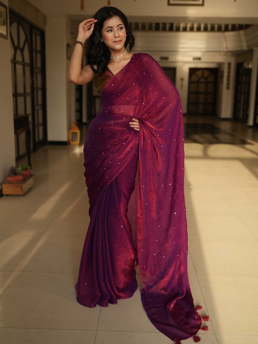 Banarasee Dual Shaded Chiffon Saree With Mirror Work-Maroon