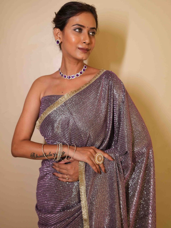 Banarasee Handwoven Tissue Saree With Lace Border-Purple