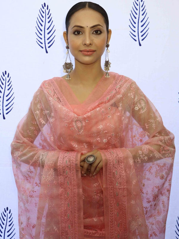 Banarasee Embroidered Chanderi Salwar Kameez With Kota Check Dupatta Set-Pink