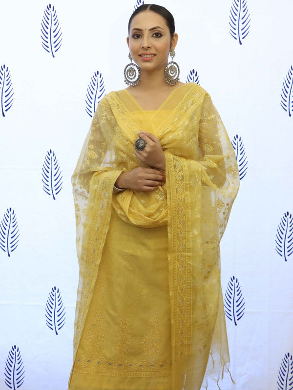 Banarasee Embroidered Chanderi Salwar Kameez With Kota Check Dupatta Set-Yellow