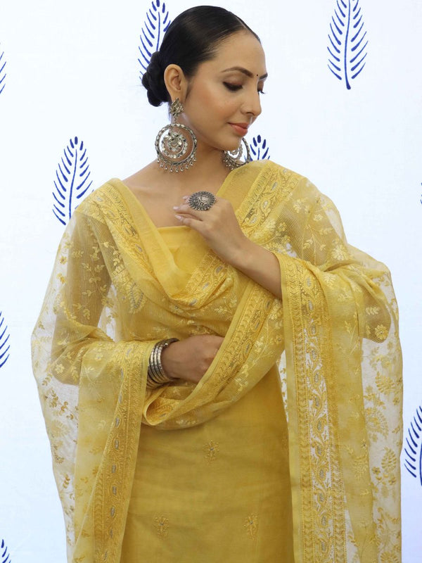 Banarasee Embroidered Chanderi Salwar Kameez With Kota Check Dupatta Set-Yellow