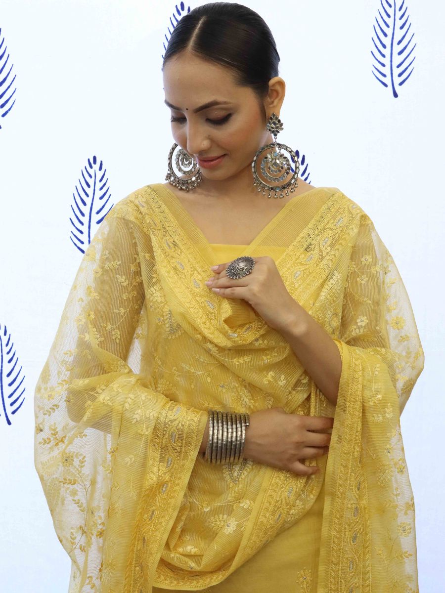 Banarasee Embroidered Chanderi Salwar Kameez With Kota Check Dupatta Set-Yellow