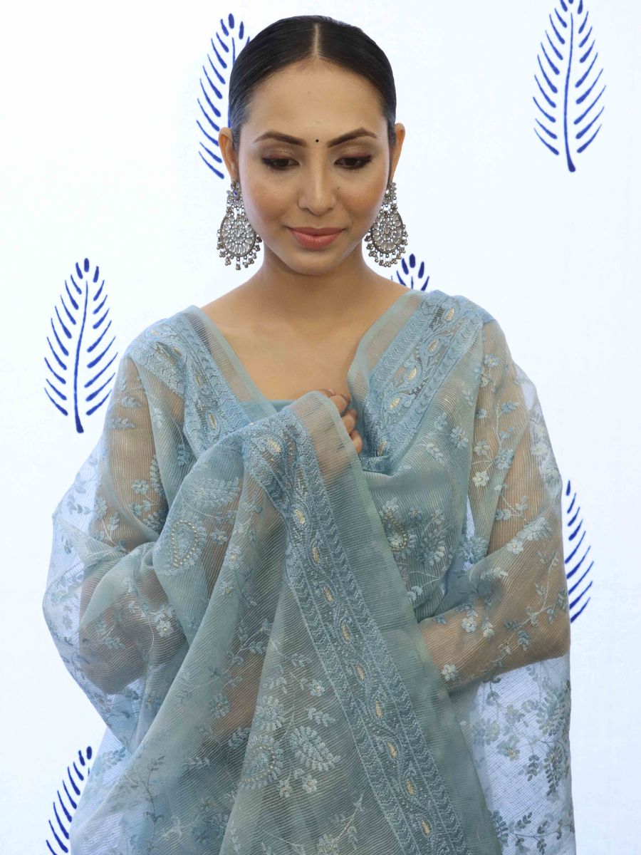 Banarasee Embroidered Chanderi Salwar Kameez With Kota Check Dupatta Set-Bluish Grey