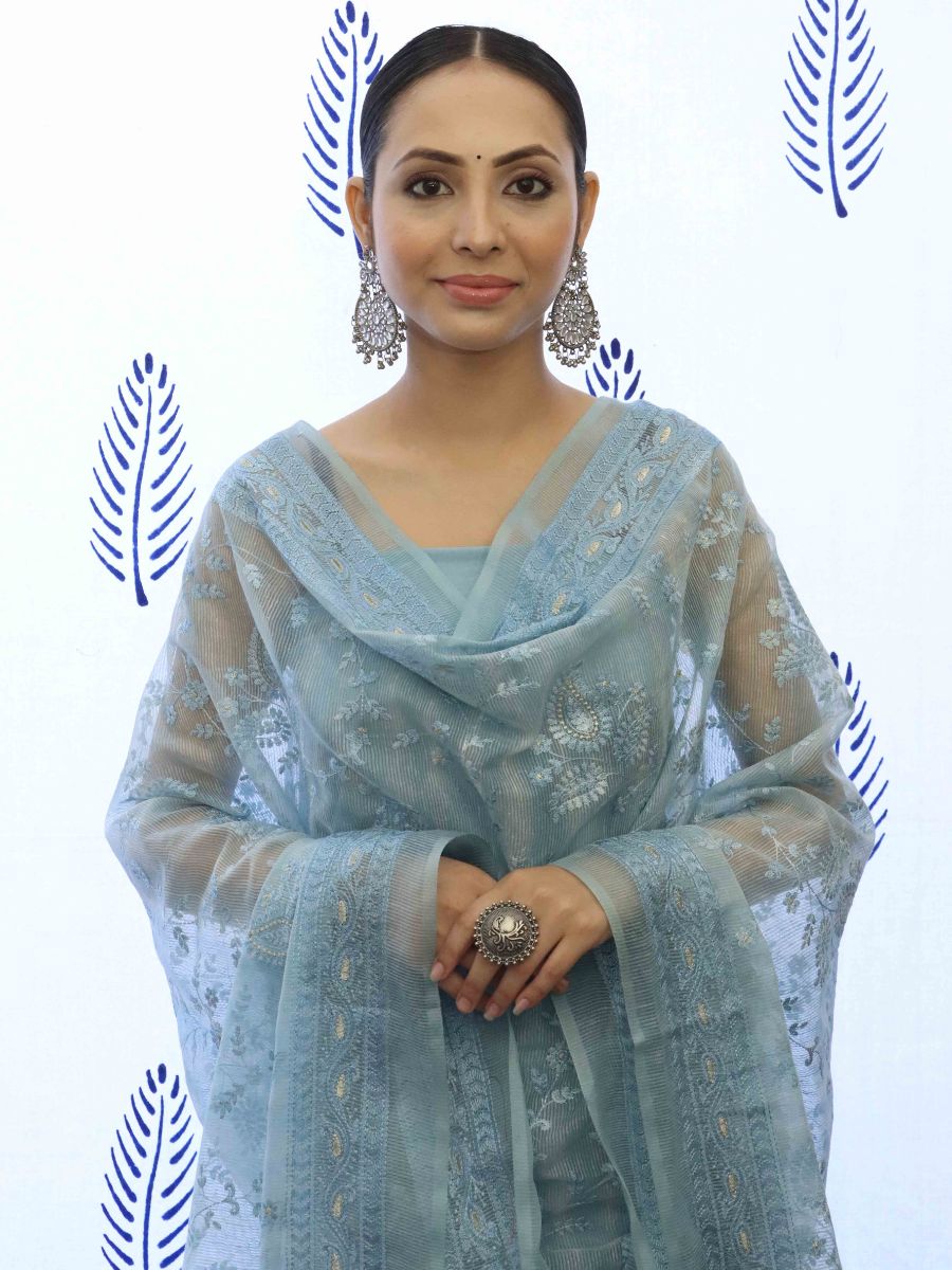 Banarasee Embroidered Chanderi Salwar Kameez With Kota Check Dupatta Set-Bluish Grey