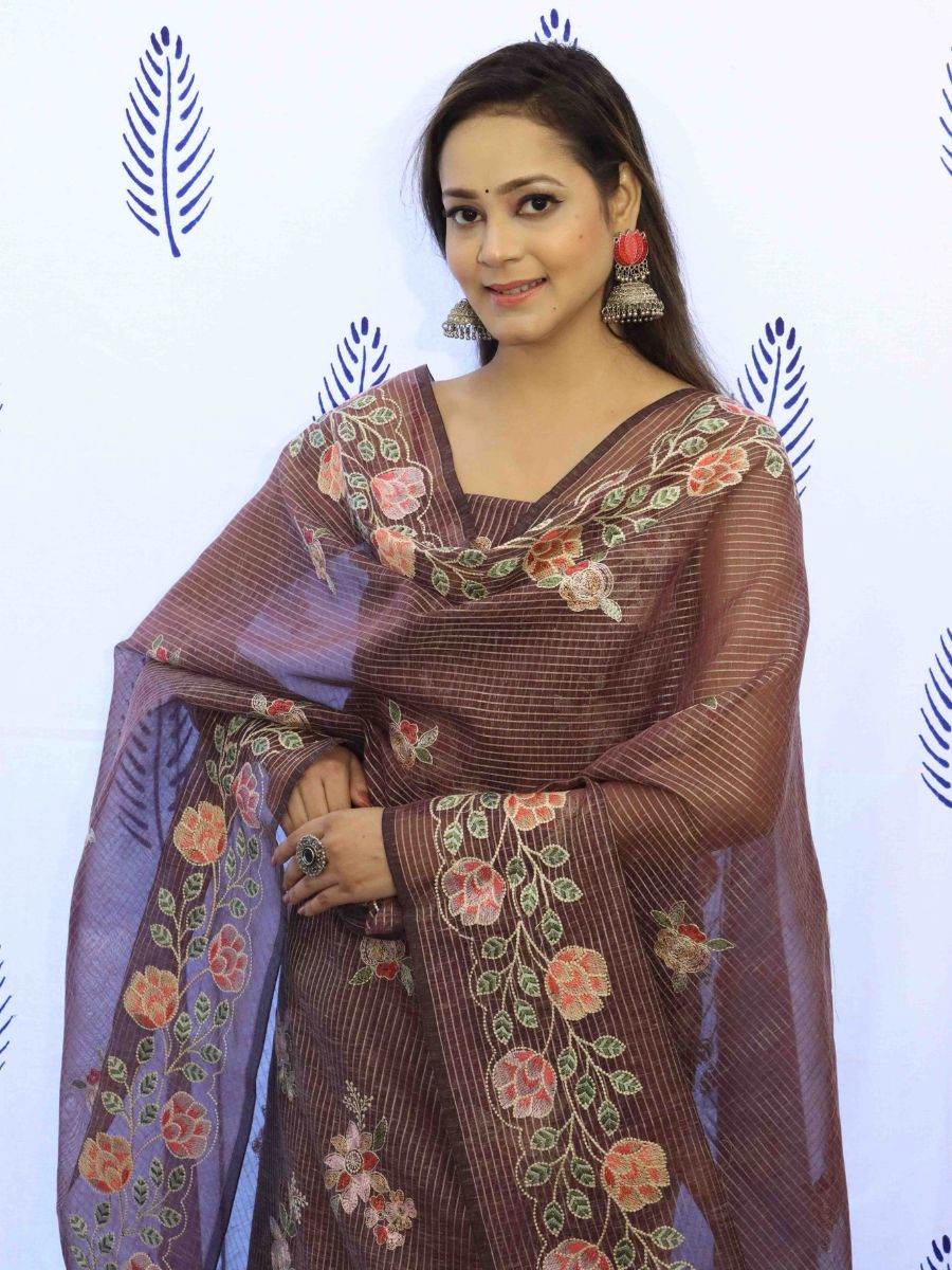 Banarasee Embroidered Chanderi Salwar Kameez With Dupatta Set-Wine