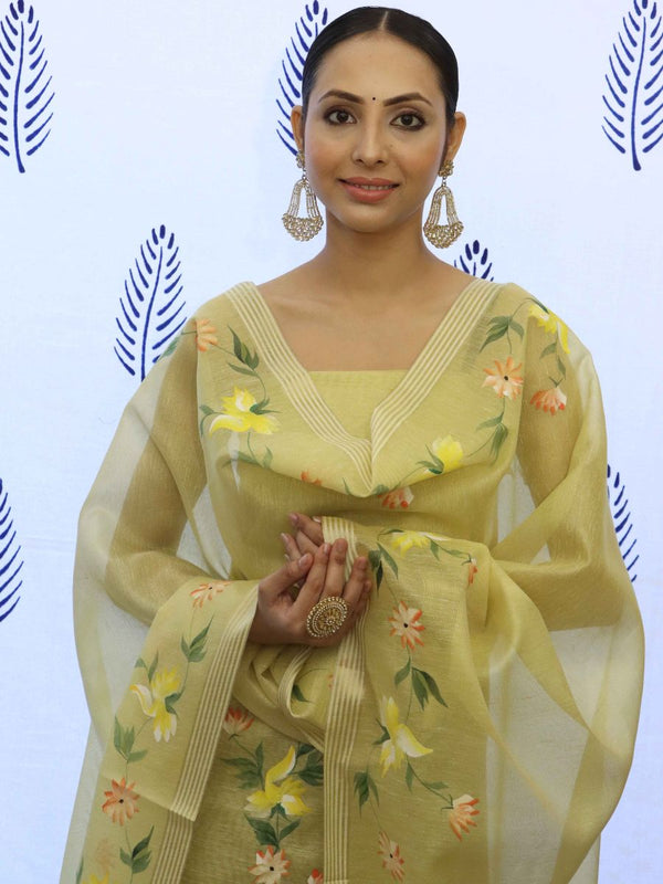 Banarasee Tissue Hand-Painted Salwar Kameez Fabric With Dupatta Set-Yellow