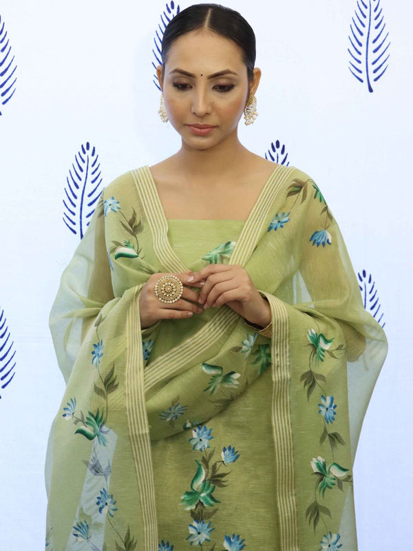 Banarasee Tissue Hand-Painted Salwar Kameez Fabric With Dupatta Set-Light Green