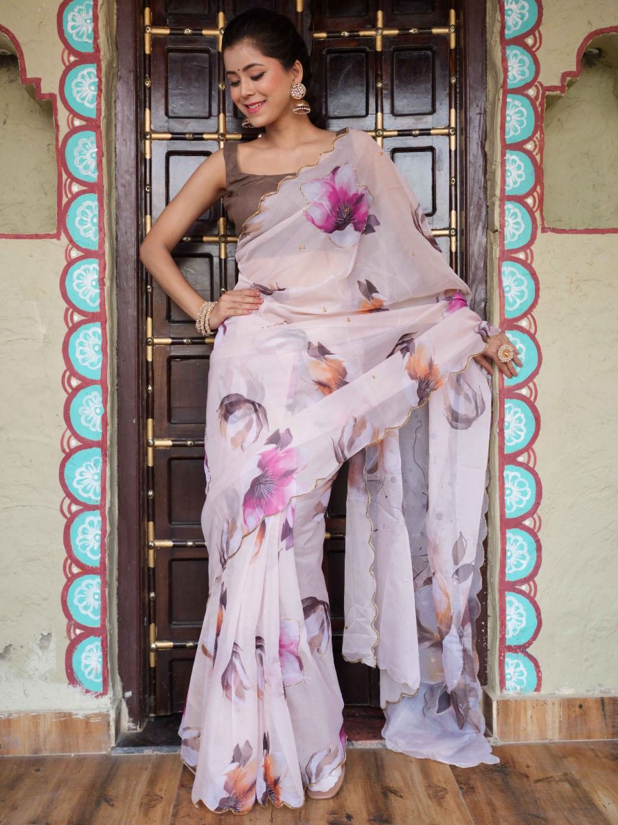 Banarasee Organza Silk Floral Printed Saree With Scallop Border-Brown