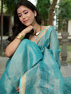 Banarasee Handloom Linen By Tissue Metallic Shine Saree-Green