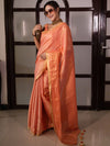 Banarasee Handloom Linen Saree With Mirror Work-Peach