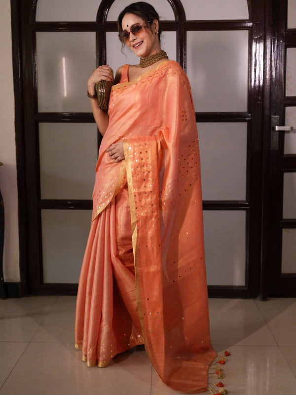 Banarasee Handloom Linen Saree With Mirror Work-Peach