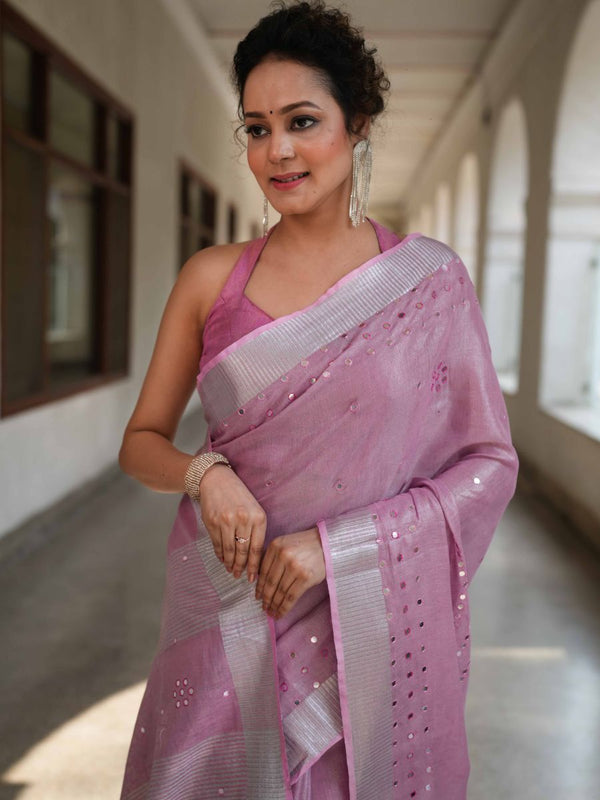 Banarasee Handloom Linen Saree With Mirror Work-Onion Pink