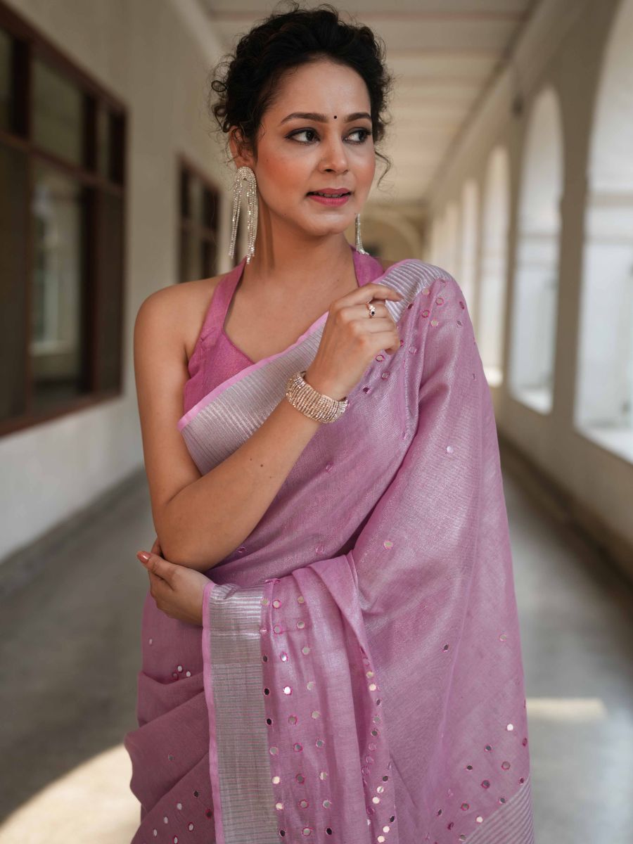 Banarasee Handloom Linen Saree With Mirror Work-Onion Pink