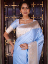 Banarasee Handwoven Semi Katan Plain Saree With Zari Border Design-Pastel Blue