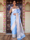 Banarasee Handwoven Semi Katan Plain Saree With Zari Border Design-Pastel Blue