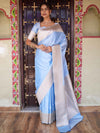 Banarasee Handwoven Semi Katan Plain Saree With Zari Border Design-Pastel Blue