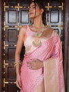 Banarasee Handwoven Semi Katan Saree With Zari Buti & Border Design-Peach