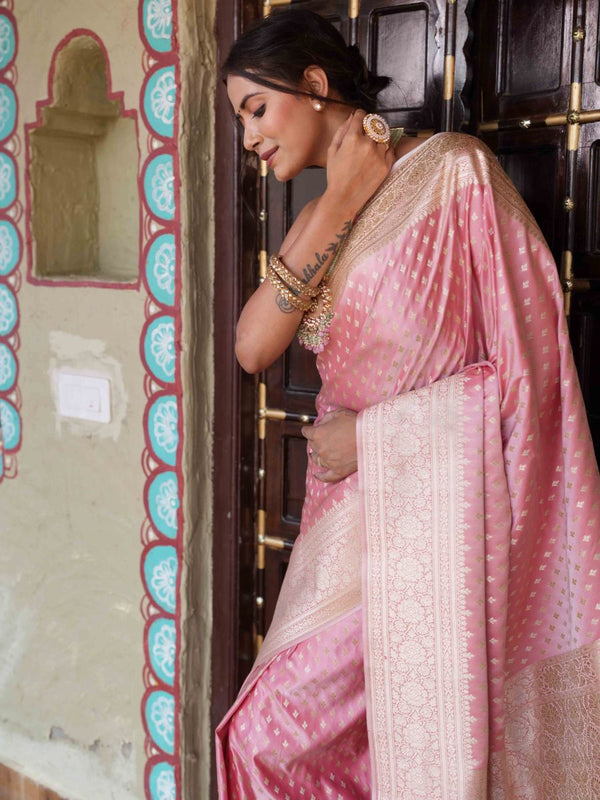Banarasee Handwoven Semi Katan Saree With Zari Buti & Border Design-Peach