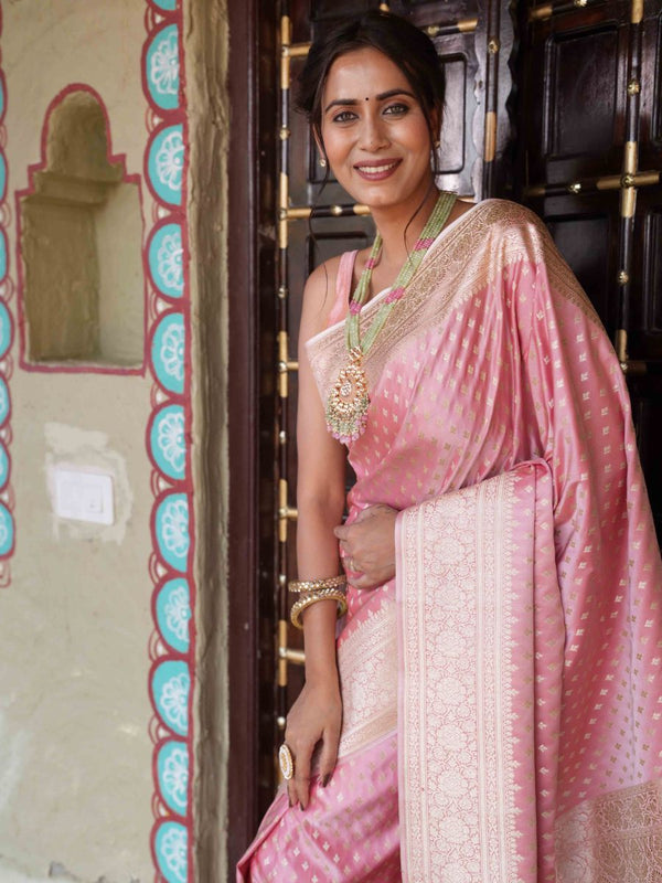 Banarasee Handwoven Semi Katan Saree With Zari Buti & Border Design-Peach