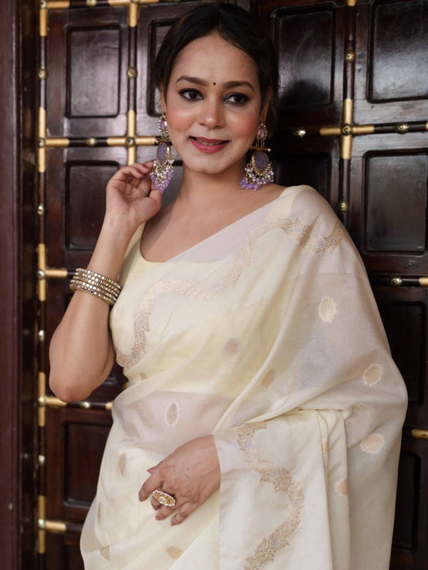 Banarasee Handwoven Semi Silk Saree With Zari Buti Design-Light Yellow