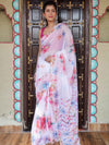 Banarasee Organza Silk Floral Printed Saree With Scallop Border-White