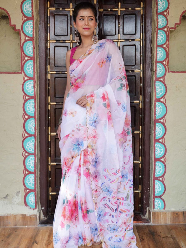 Banarasee Organza Silk Floral Printed Saree With Scallop Border-White