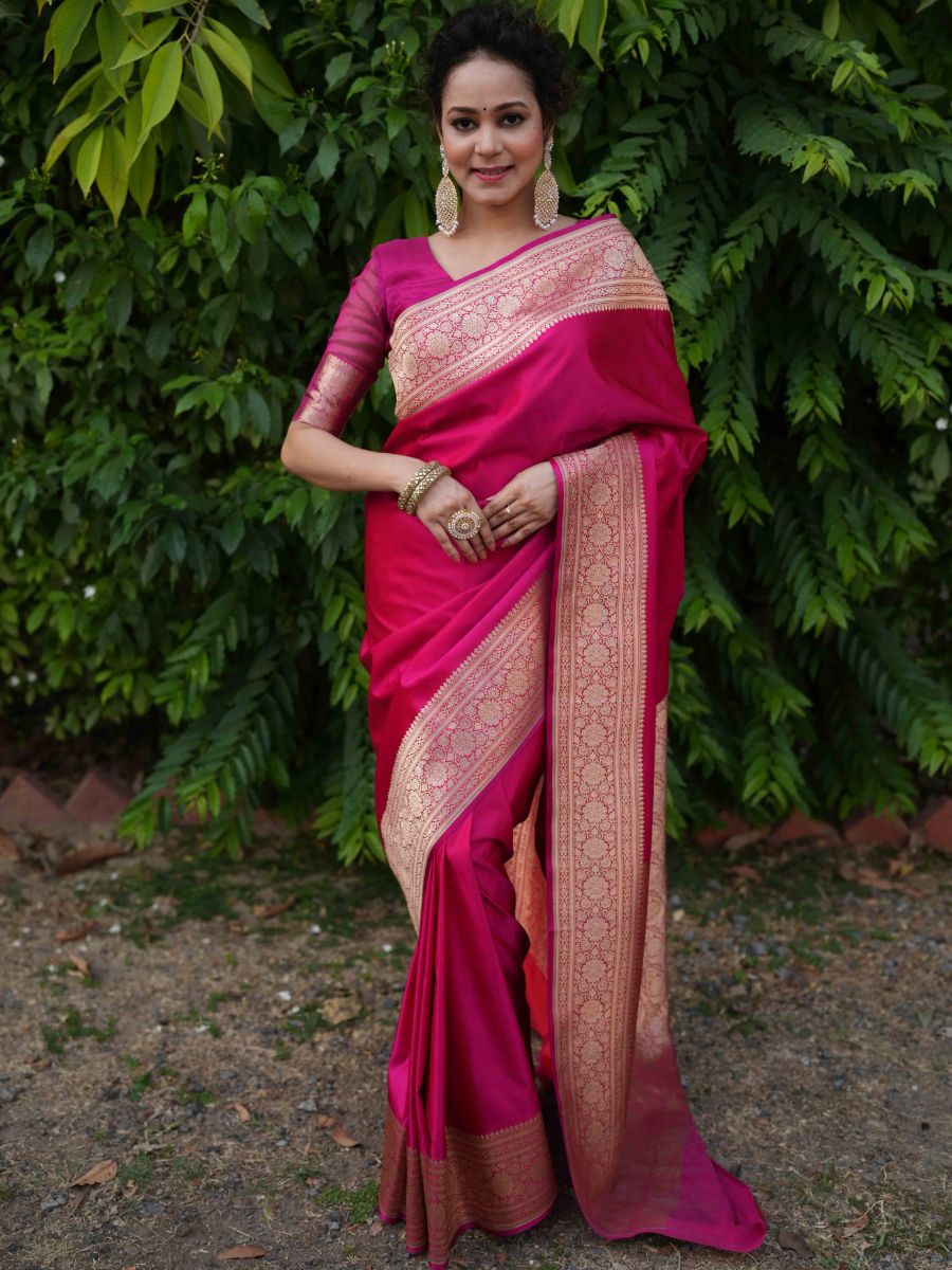 Banarasee Handwoven Semi Katan Plain Saree With Zari Border Design- Fuchsia Pink