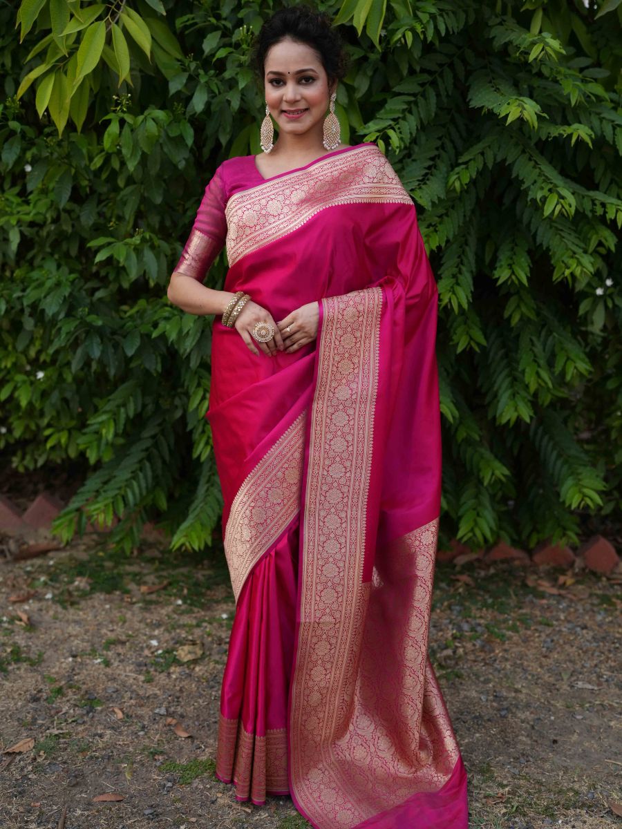 Banarasee Handwoven Semi Katan Plain Saree With Zari Border Design- Fuchsia Pink