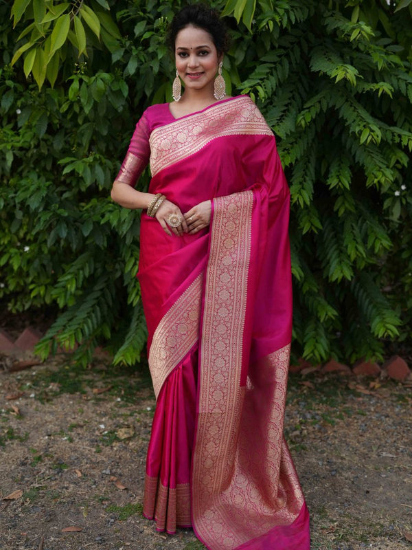 Banarasee Handwoven Semi Katan Plain Saree With Zari Border Design- Fuchsia Pink