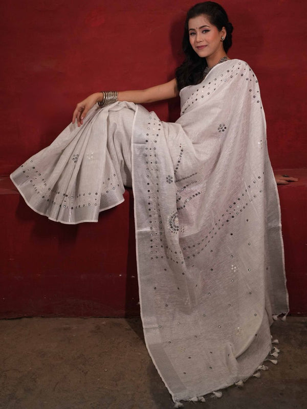 Banarasee Handloom Linen Saree With Mirror Work-White