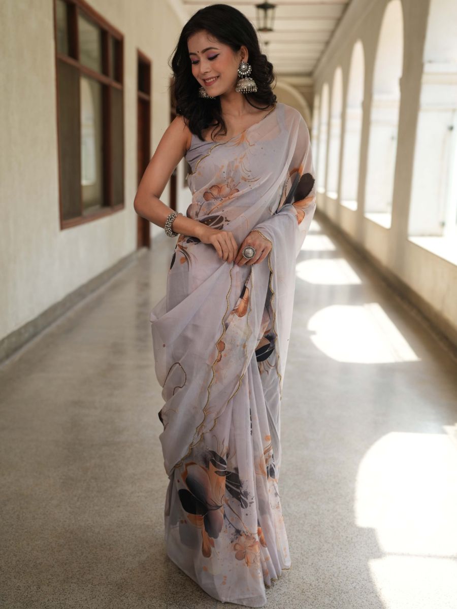 Banarasee Organza Silk Floral Printed Saree With Scallop Border-Grey