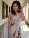 Banarasee Organza Silk Floral Printed Saree With Scallop Border-Grey
