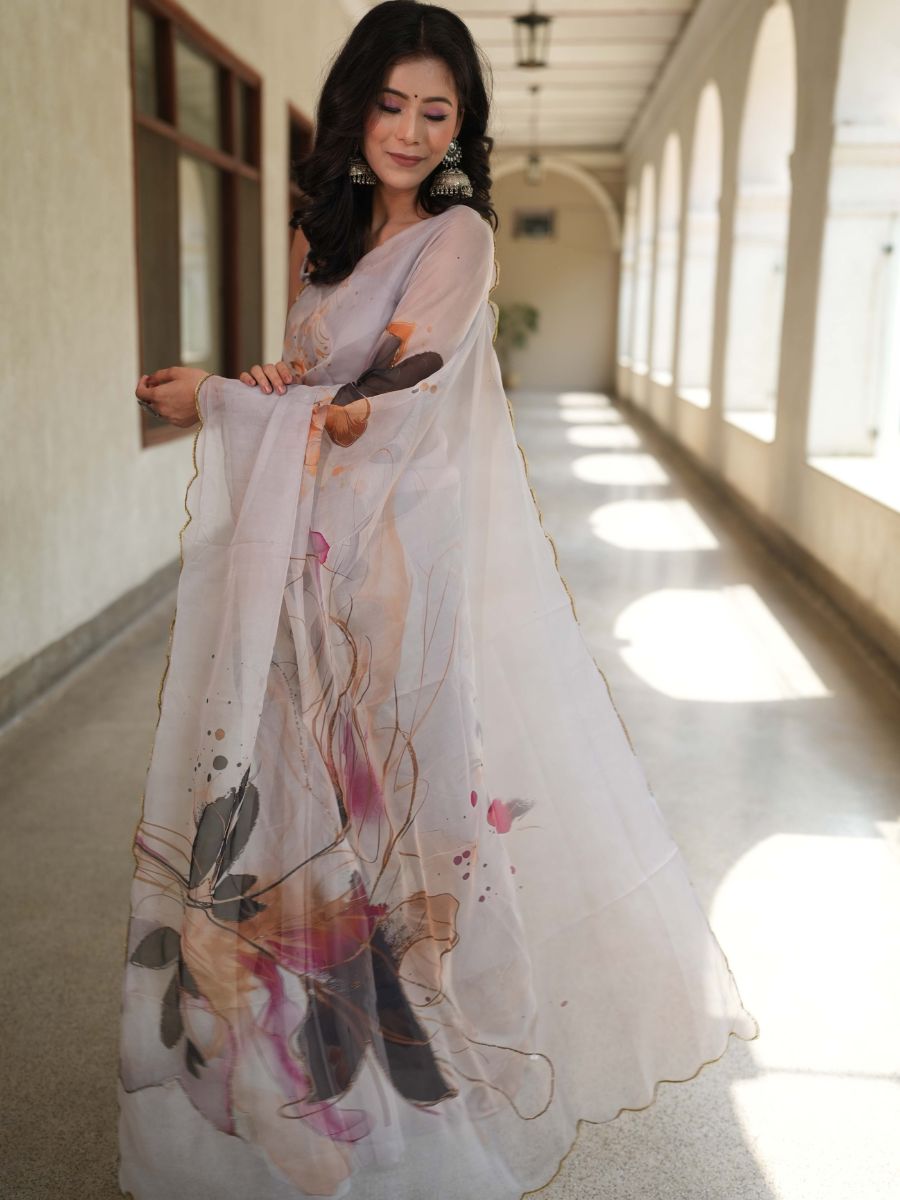 Banarasee Organza Silk Floral Printed Saree With Scallop Border-Grey