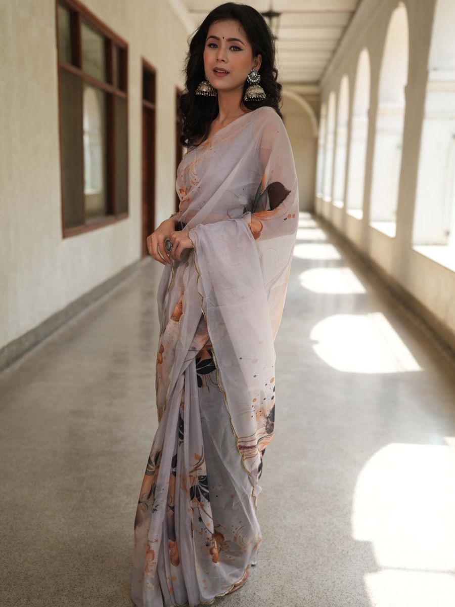 Banarasee Organza Silk Floral Printed Saree With Scallop Border-Grey