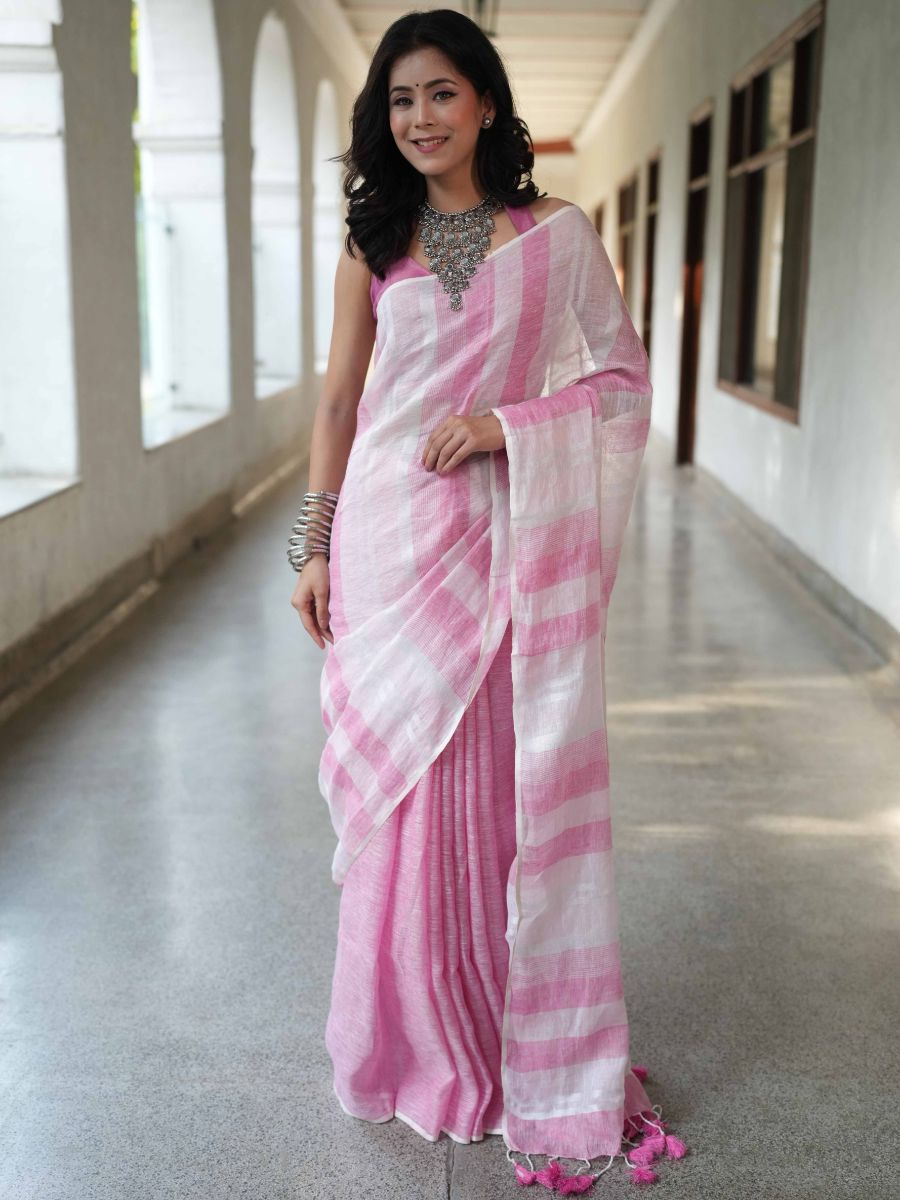 Bhagalpur Handloom Pure Linen Cotton Saree-White & Pink