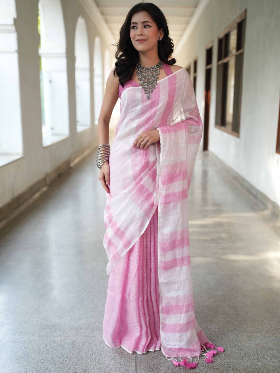 Bhagalpur Handloom Pure Linen Cotton Saree-White & Pink