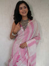 Bhagalpur Handloom Pure Linen Cotton Saree-White & Pink