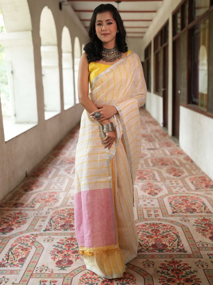 Bhagalpur Handloom Pure Linen Cotton Saree-White & Yellow