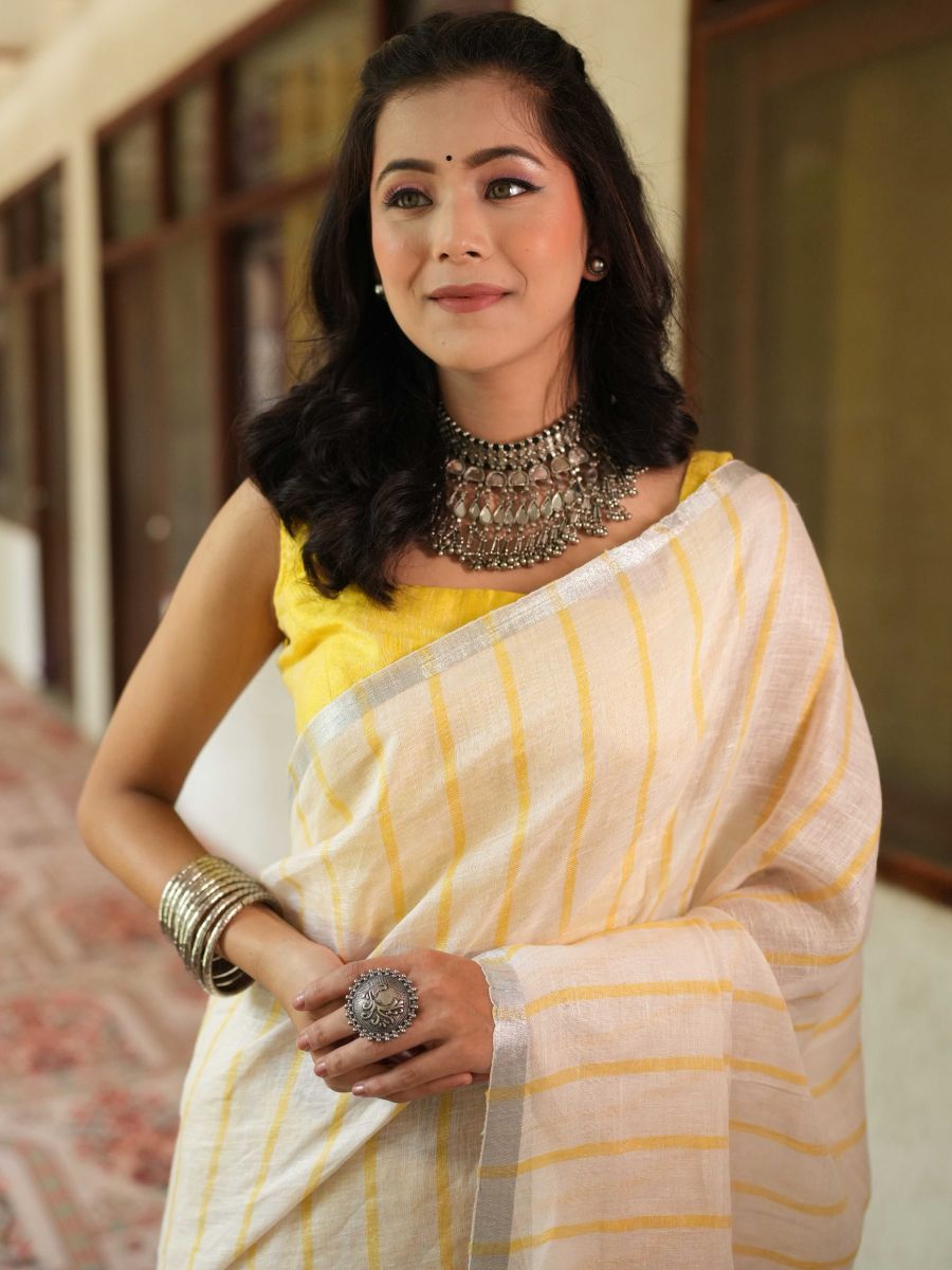 Bhagalpur Handloom Pure Linen Cotton Saree-White & Yellow
