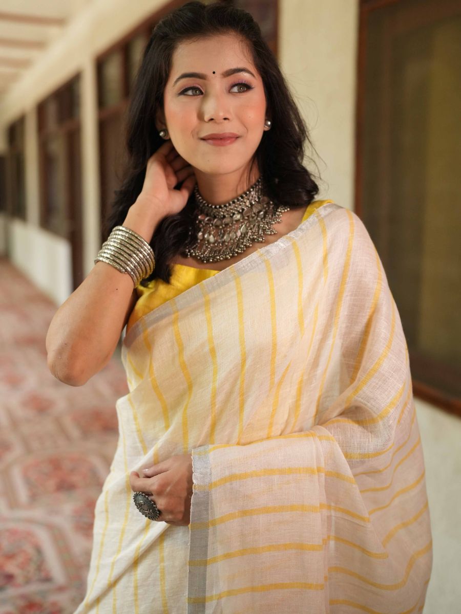 Bhagalpur Handloom Pure Linen Cotton Saree-White & Yellow