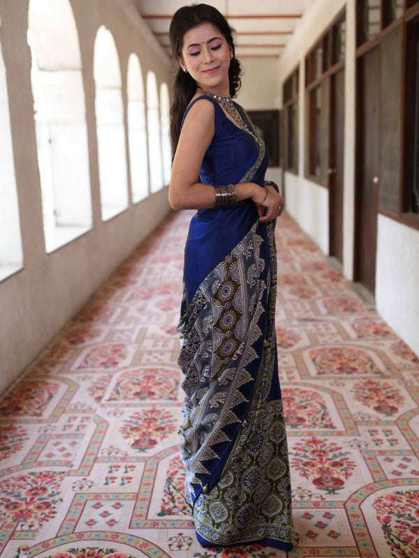 Banarasee Handwoven Satin Block Printed Saree-Blue