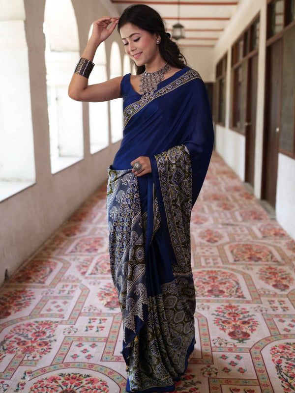 Banarasee Handwoven Satin Block Printed Saree-Blue