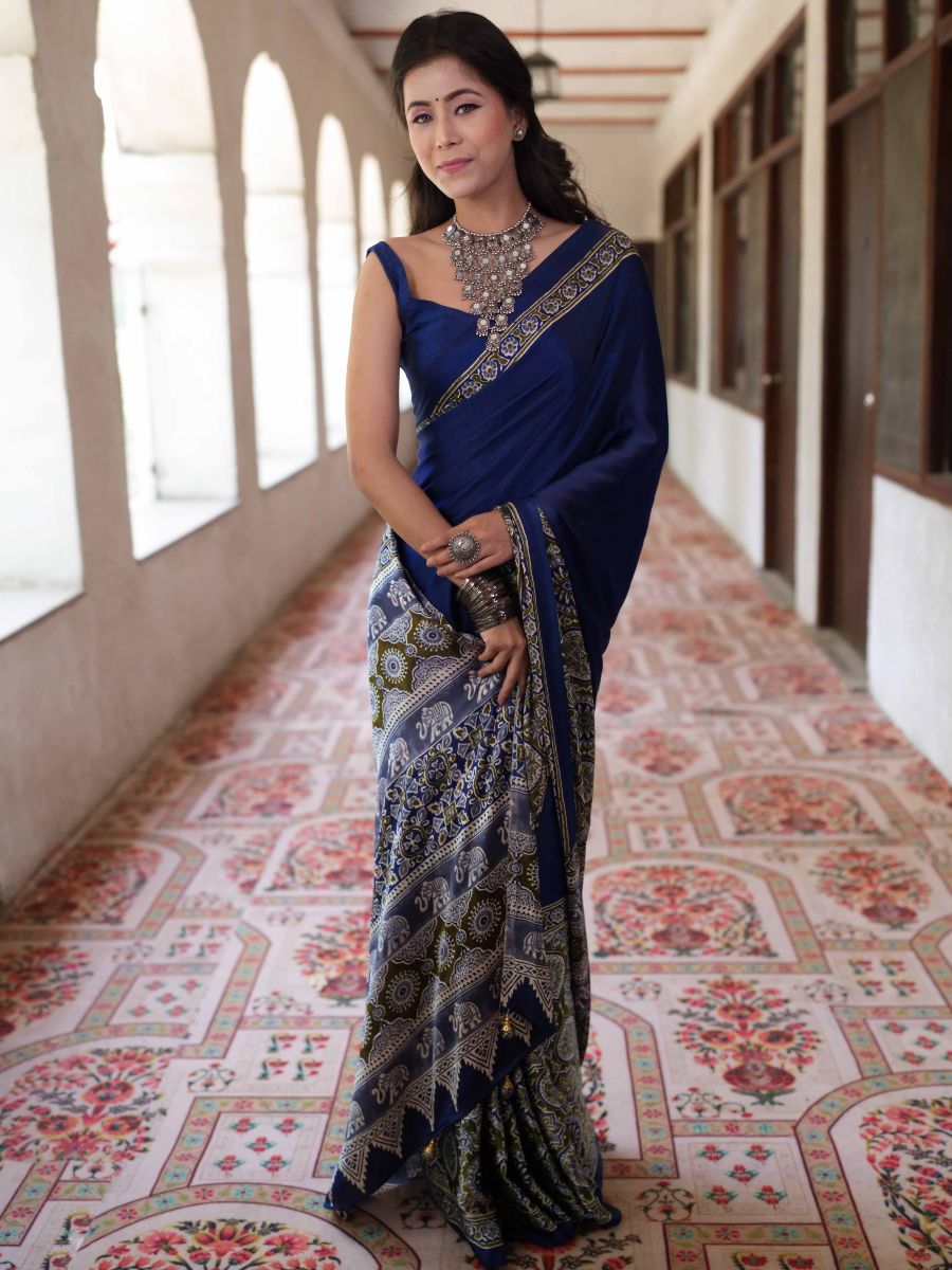 Banarasee Handwoven Satin Block Printed Saree-Blue