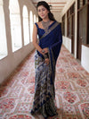 Banarasee Handwoven Satin Block Printed Saree-Blue