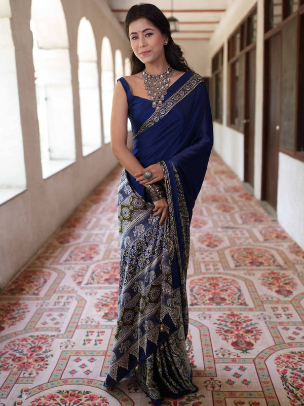 Banarasee Handwoven Satin Block Printed Saree-Blue