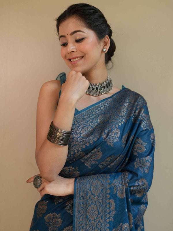 Banarasee Semi-Chiffon Saree With Antique Zari Work-Cobalt Blue