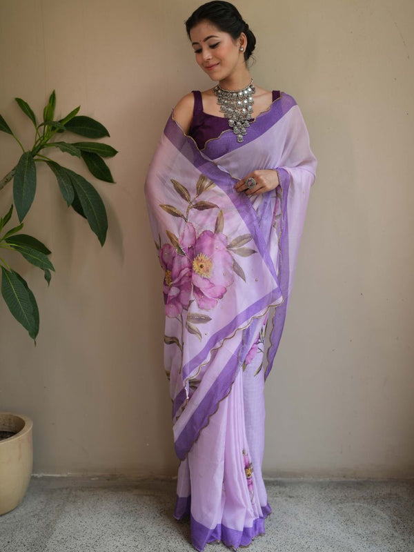 Banarasee Organza Silk Floral Printed Saree With Scallop Border-Purple
