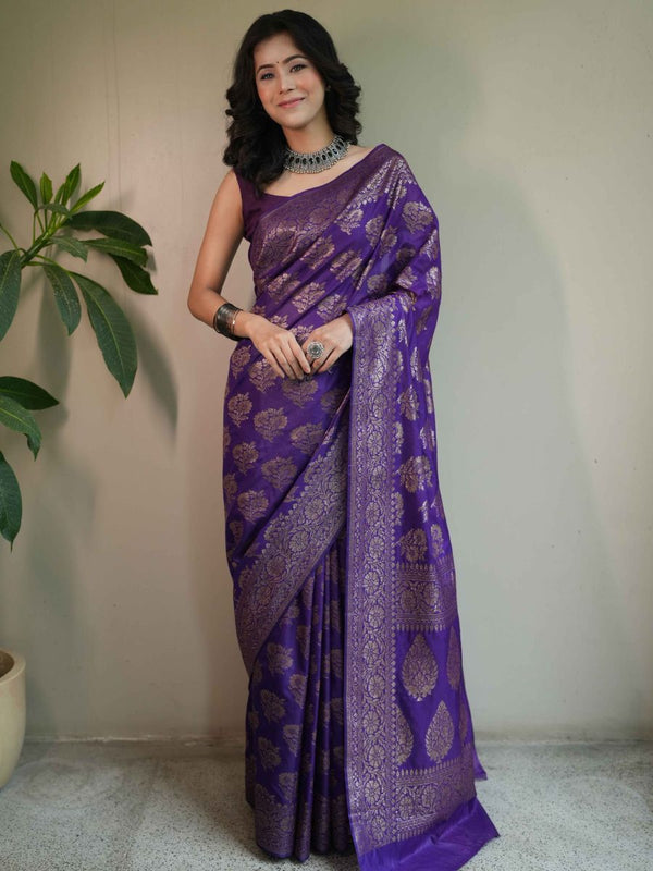 Banarasee Semi-Chiffon Saree With Antique Zari Work-Violet